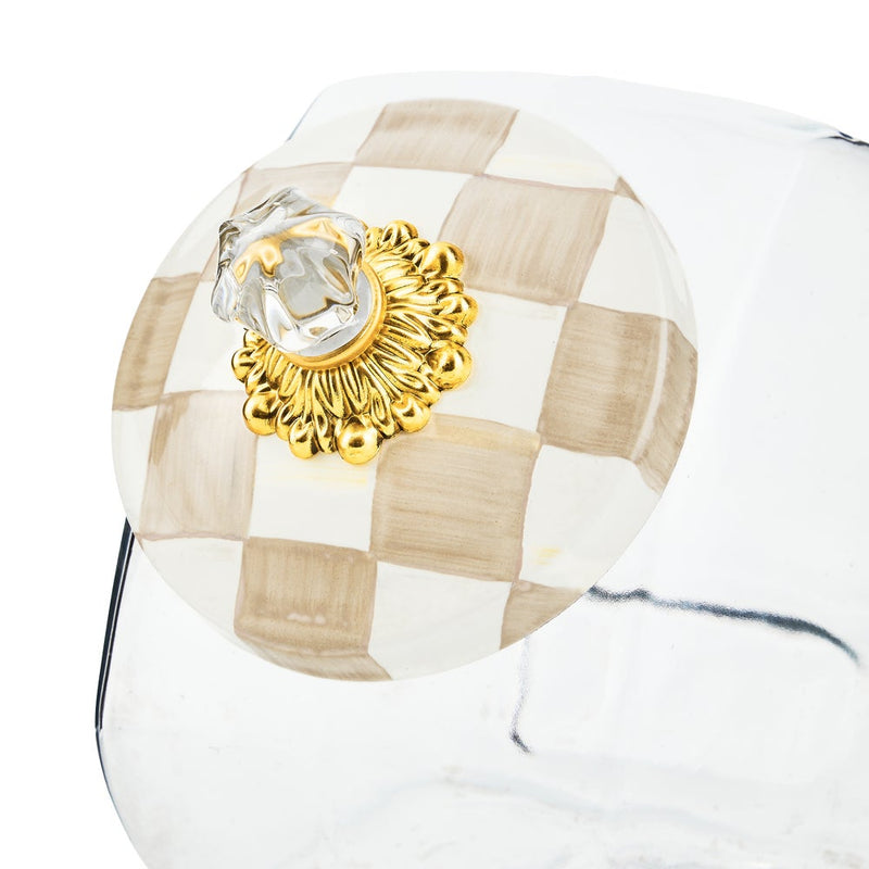 MacKenzie Childs | Cookie Jar with Mocha Check Lid features a hand-painted checkerboard lid with a gold rosette and crystal knob, highlighting its elegant design.