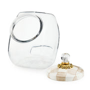MacKenzie Childs | Cookie Jar with Mocha Check Lid, featuring an empty glass jar and a decorative lid with a faceted glass knob set in gold-colored metal.