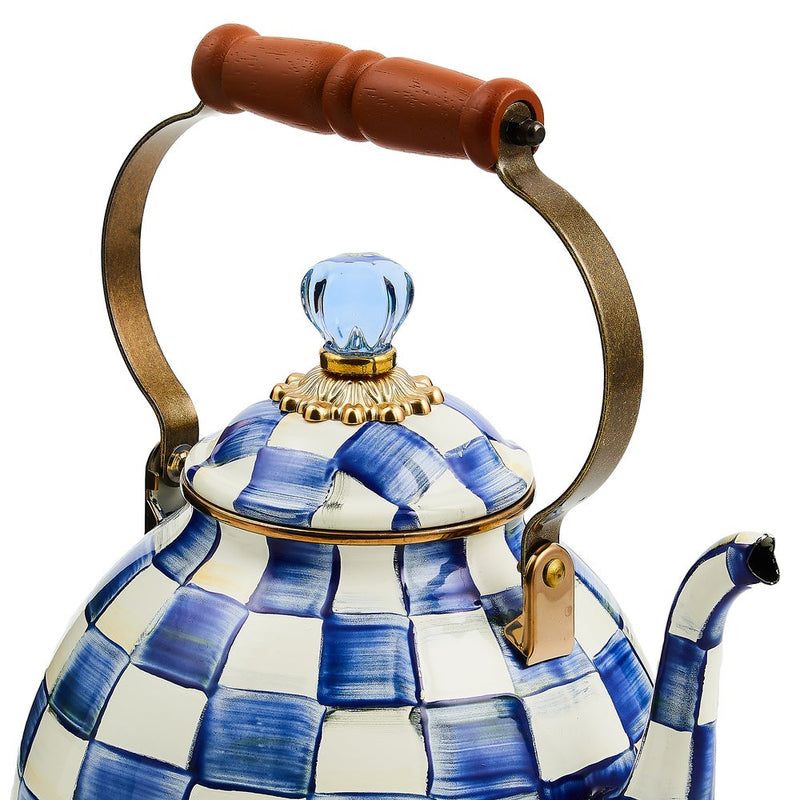 MacKenzie Childs | Royal Check Tea Kettle, 3 QT features a blue-and-white checkerboard ceramic design, wood handle, and glass-topped lid, perfect for elegant kitchen settings.