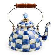 MacKenzie Childs | Royal Check Tea Kettle, 3 QT: A hand-painted blue-and-white checkerboard stovetop kettle with a domed lid, blue knob, and wooden-handled metal arch.