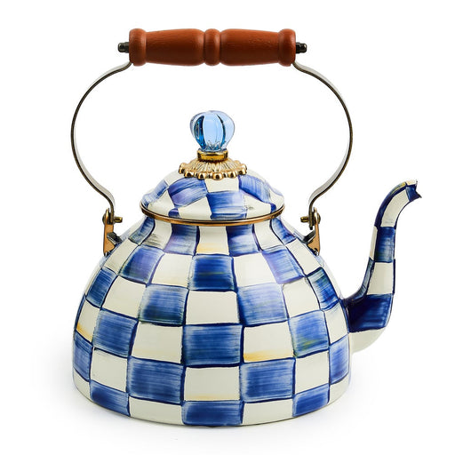 MacKenzie Childs | Royal Check Tea Kettle, 3 QT: A hand-painted blue-and-white checkerboard stovetop kettle with a domed lid, blue knob, and wooden-handled metal arch.