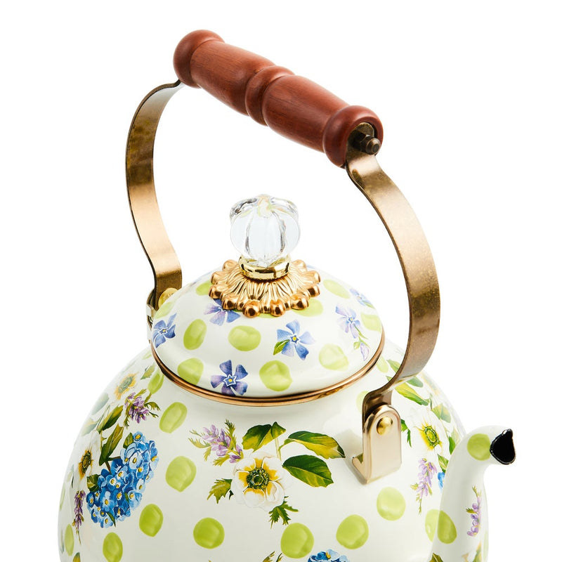 MacKenzie Childs | Wildflowers Green Tea Kettle, 3 QT, with cream body, floral pattern, brass handle, wood grip, glass-topped lid, ideal for stylish kitchen settings.