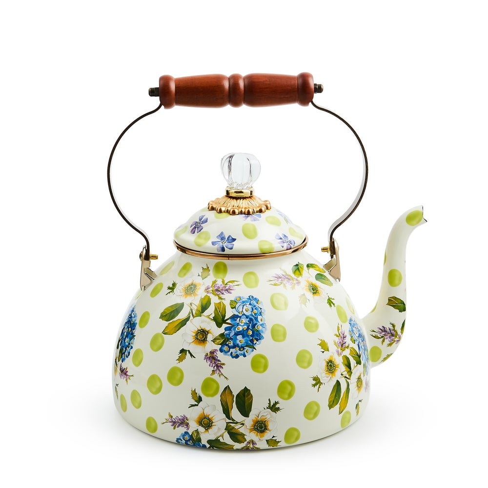 MacKenzie Childs Wildflowers Green Tea Kettle, 3 QT