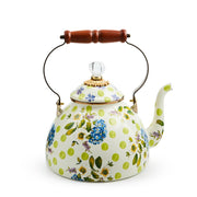 MacKenzie Childs | Wildflowers Green Tea Kettle, 3 QT with floral and polka-dot pattern, curved spout, wood handle, and crystal-like lid knob.