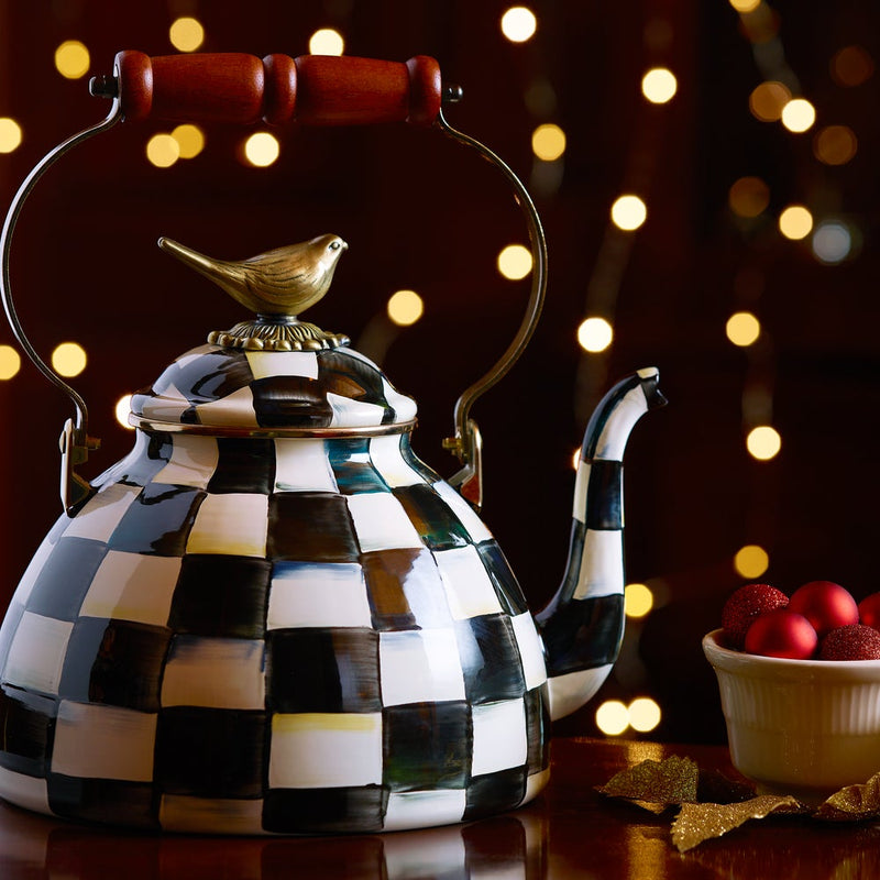 MacKenzie Childs | Courtly Check with Bird Tea Kettle, 3 QT, featuring a hand-painted checkerboard design and brass bird knob, epitomizes Athens Cooks' curated kitchen elegance.