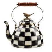 MacKenzie Childs Courtly Check with Bird Tea Kettle, 3 QT, featuring a black-and-white checkerboard pattern, wooden handle, and brass bird finial.