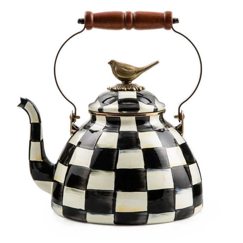 MacKenzie Childs Courtly Check with Bird Tea Kettle, 3 QT, featuring a black-and-white checkerboard pattern, wooden handle, and brass bird finial.