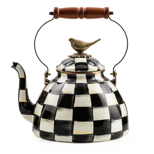 MacKenzie Childs Courtly Check with Bird Tea Kettle, 3 QT, featuring a black-and-white checkerboard pattern, wooden handle, and brass bird finial.