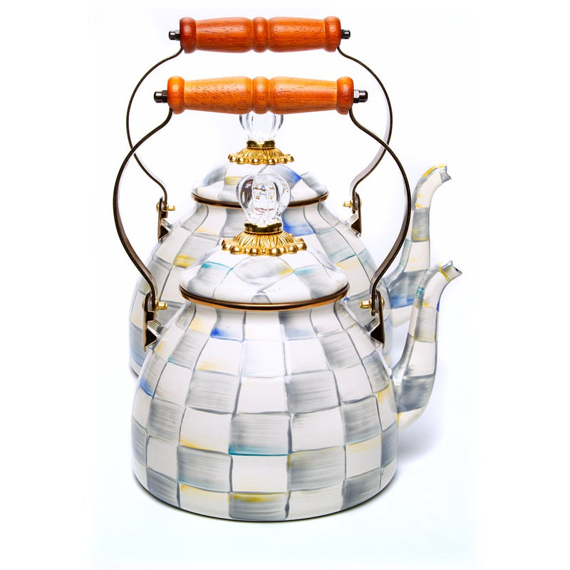 MacKenzie-Childs Sterling Check Tea Kettle, 3 QT, features hand-painted gray checks, gold-tone trim, crystal knob, and wooden handle, perfect for elegant tea brewing.