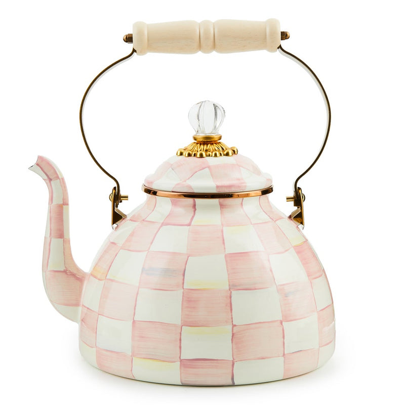 MacKenzie Childs | Rosy Check Tea Kettle, 3 QT: Hand-painted pink-and-white checkered teapot with a glass knob, gold accents, wood-handled arch, showcasing Athens Cooks' curated kitchenware.