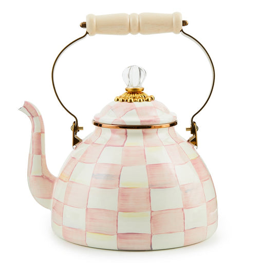 MacKenzie Childs | Rosy Check Tea Kettle, 3 QT: Hand-painted pink-and-white checkered teapot with a glass knob, gold accents, wood-handled arch, showcasing Athens Cooks' curated kitchenware.