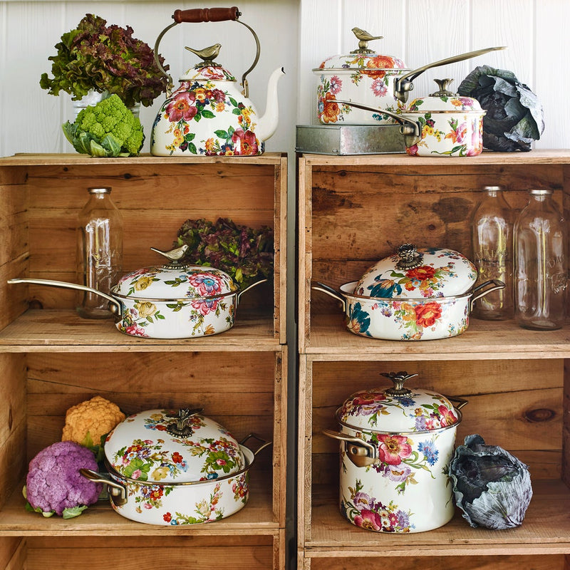 White Flower Market with Bird Tea Kettle, 3 QT, displayed among rustic crates, colorful enamel cookware, fresh vegetables, and glass jars, showcasing Athens Cooks' curated kitchen elegance.