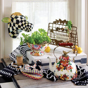 MacKenzie Childs White Flower Market with Bird Tea Kettle, 3 QT, on a farmhouse kitchen setup, featuring floral designs and a sparrow-shaped knob.