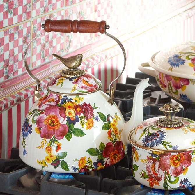 MacKenzie Childs | White Flower Market with Bird Tea Kettle, 3 QT.