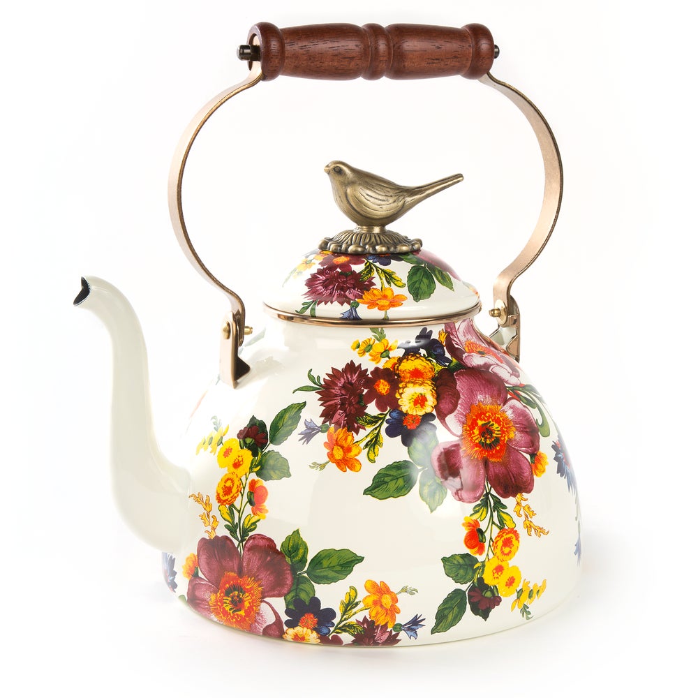MacKenzie Childs White Flower Market with Bird Tea Kettle, 3 QT