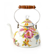 MacKenzie Childs | White Flower Market 3 Quart Tea Kettle with floral design, crystal knob, and wooden-handled metal bail, ideal for vintage kitchen decor.