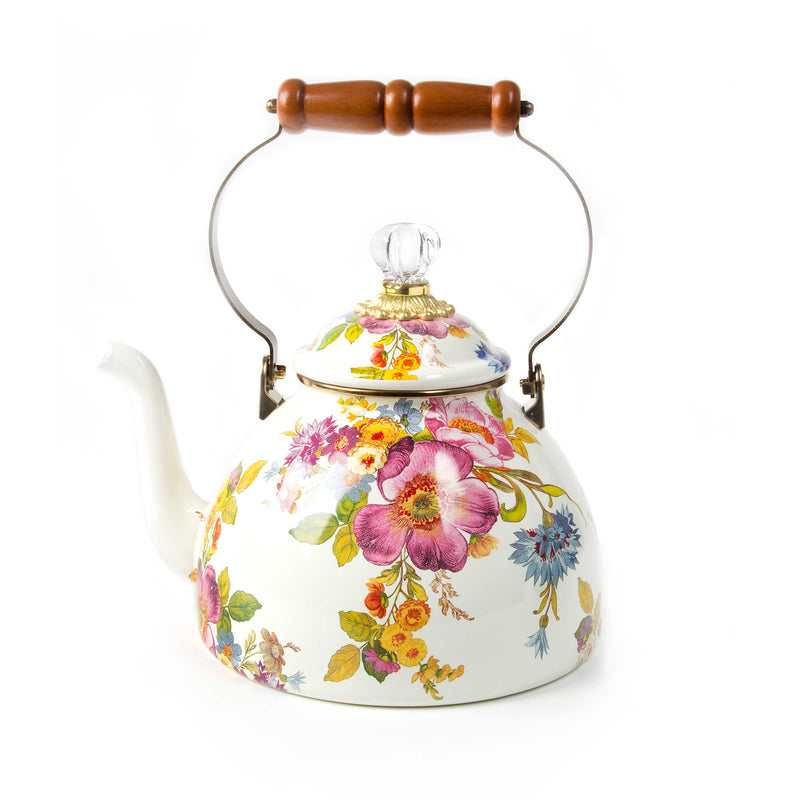 MacKenzie Childs | White Flower Market 3 Quart Tea Kettle with floral design, crystal knob, and wooden-handled metal bail, ideal for vintage kitchen decor.