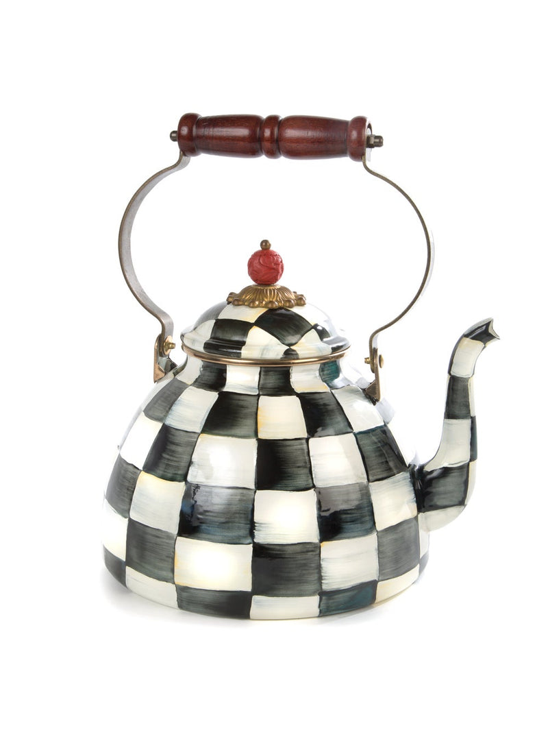 MacKenzie Childs | Courtly Check Tea Kettle, 3 QT: Black-and-white checkered kettle with a wooden handle, red finial, and curved spout, showcasing elegant kitchen artistry.