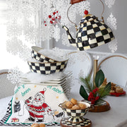 MacKenzie Childs | Courtly Check Tea Kettle, 3 QT., showcased in a festive tablescape with matching dinnerware, adding a whimsical touch to holiday kitchen decor.