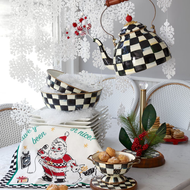 MacKenzie Childs | Courtly Check Tea Kettle, 3 QT., showcased in a festive tablescape with matching dinnerware, adding a whimsical touch to holiday kitchen decor.