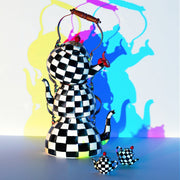 MacKenzie Childs | Courtly Check Tea Kettle, 3 QT: A striking three-tiered teapot sculpture with checkerboard pattern and wooden handle, exemplifying elegant kitchenware artistry.