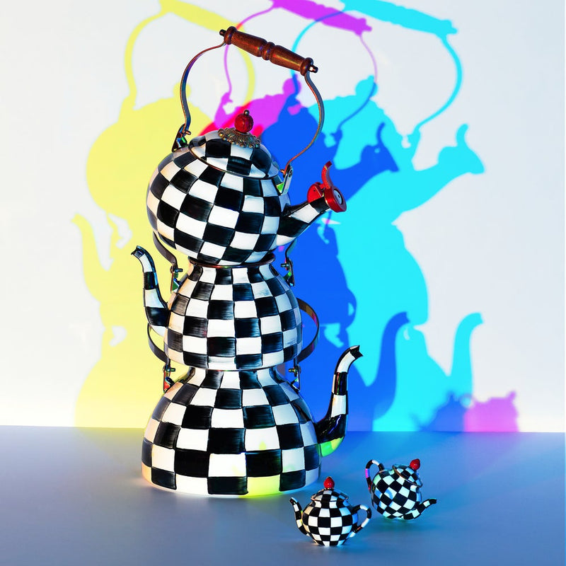 MacKenzie Childs | Courtly Check Tea Kettle, 3 QT: A striking three-tiered teapot sculpture with checkerboard pattern and wooden handle, exemplifying elegant kitchenware artistry.