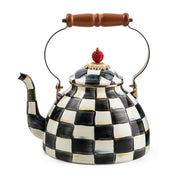MacKenzie Childs | Courtly Check Tea Kettle, 3 QT: Hand-painted checkered teapot with a gooseneck spout, wooden grip handle, and red finial lid, ideal for kitchen decor.