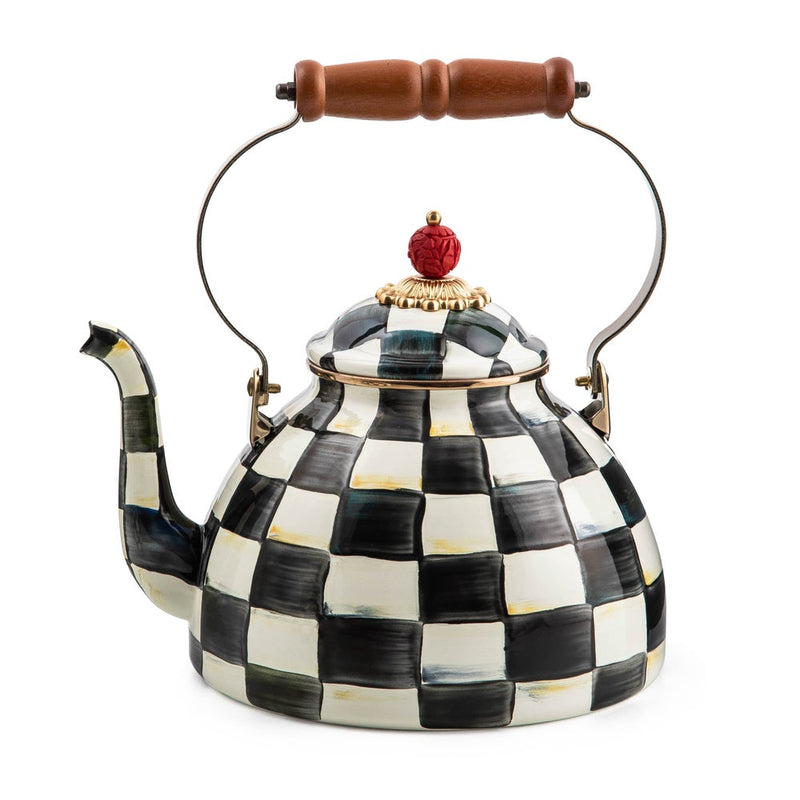 MacKenzie Childs | Courtly Check Tea Kettle, 3 QT: Hand-painted checkered teapot with a gooseneck spout, wooden grip handle, and red finial lid, ideal for kitchen decor.