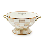 MacKenzie Childs | Mocha Check Large Colander with cream-tan checkered design, metallic rim, and handles, ideal for stylish kitchen use; perfect for Athens Cooks' curated collection.