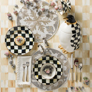 MacKenzie-Childs | Courtly Check Ice Cream Dish amidst an elegant tabletop with matching checkerboard ceramics, sugared berries, and gold-accented flatware, embodying Athens Cooks' curated sophistication.