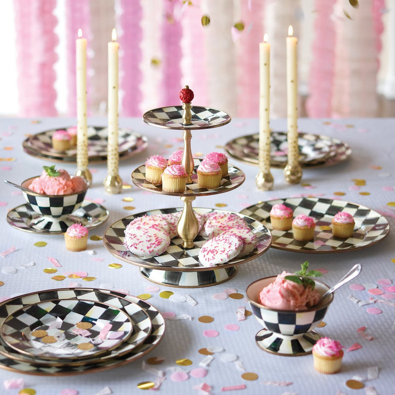 MacKenzie-Childs Courtly Check Ice Cream Dish on a festive table with pink-themed treats and decor, showcasing elegant dessert presentation.