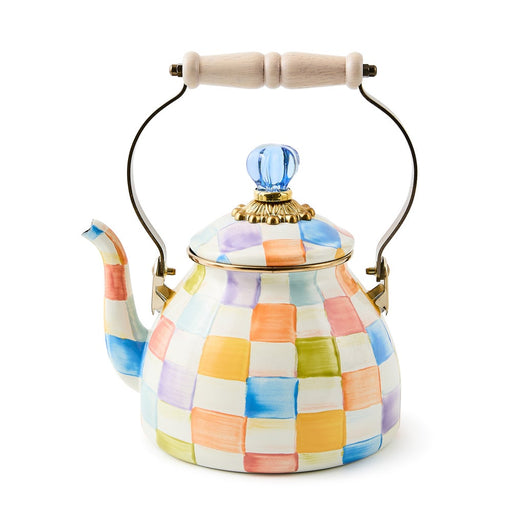 Mackenzie Childs | Confetti Check Tea Kettle, 2 QT., features a hand-painted pastel checkerboard design with a wooden handle and blue glass finial. Perfect for stylish stovetop display.
