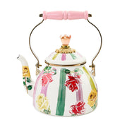 Mackenzie Childs | Garden Gala Tea Kettle, 2 QT. features a white enamel body with pastel florals, gold-tone accents, and a pink rosebud finial.