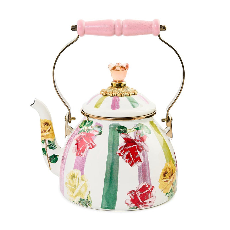 Mackenzie Childs | Garden Gala Tea Kettle, 2 QT. features a white enamel body with pastel florals, gold-tone accents, and a pink rosebud finial.