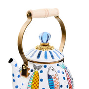 Mackenzie Childs | Go Fish Tea Kettle, 2 QT: Ceramic teapot with colorful fish design, metal handle with wooden grip, topped with a blue glass knob.