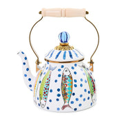Mackenzie Childs | Go Fish Tea Kettle, 2 QT., featuring a multicolor fish motif, blue glass knob, and swing-style handle with wooden grip. Perfect for stylish stovetop decor.