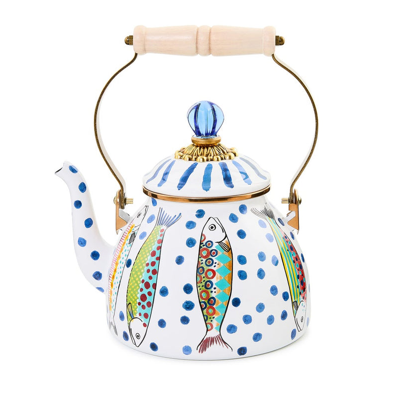 Mackenzie Childs | Go Fish Tea Kettle, 2 QT., featuring a multicolor fish motif, blue glass knob, and swing-style handle with wooden grip. Perfect for stylish stovetop decor.