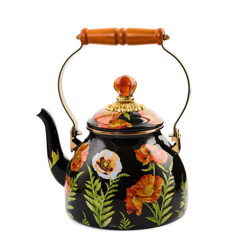 Mackenzie Childs | Poppy Tea Kettle, 2 QT., featuring a glossy black body with vibrant poppy flowers, curved spout, wooden handle, and amber knob.