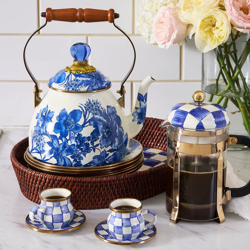 MacKenzie Childs | Royal English Garden 2 Quart Tea Kettle with floral design, wooden handle, and glass finial, elegantly displayed on a kitchen tabletop.