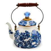 MacKenzie Childs | Royal English Garden 2 Quart Tea Kettle with intricate blue floral patterns, wood handle, and blue glass finial on a cream base.