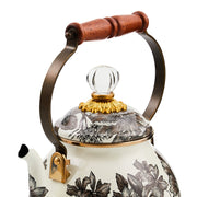 MacKenzie Childs | Sterling English Garden Tea Kettle, 2 QT, featuring a floral-patterned steel body, acacia wood handle, and glass-topped lid with gold accents.