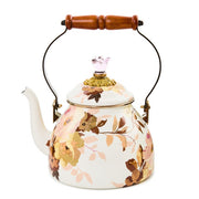 Mackenzie Childs | White Wild Rose Tea Kettle, 2 QT., featuring a floral pattern, curved spout, and wooden-handled lid, embodies nostalgic charm in kitchenware.