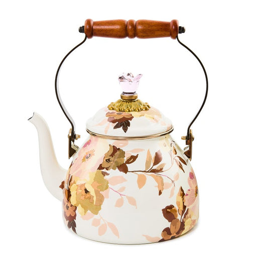 Mackenzie Childs | White Wild Rose Tea Kettle, 2 QT., featuring a floral pattern, curved spout, and wooden-handled lid, embodies nostalgic charm in kitchenware.