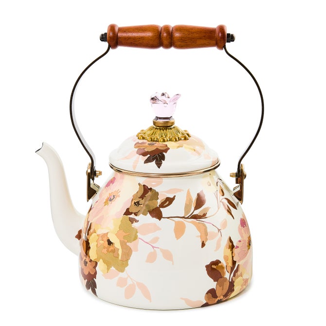 Mackenzie Childs | White Wild Rose Tea Kettle, 2 QT., featuring a floral pattern, curved spout, and wooden-handled lid, embodies nostalgic charm in kitchenware.