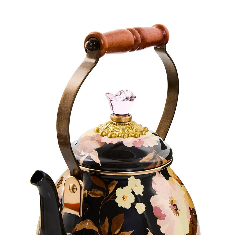 MacKenzie-Childs Brown Wild Rose Tea Kettle, 2 QT., features a black floral pattern, acacia wood handle, and pink glass finial, perfect for elegant kitchens.