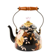Mackenzie Childs | Brown Wild Rose Tea Kettle, 2 QT., with floral motifs, crystal-like finial, and wooden handle, perfect for elegant kitchen use.