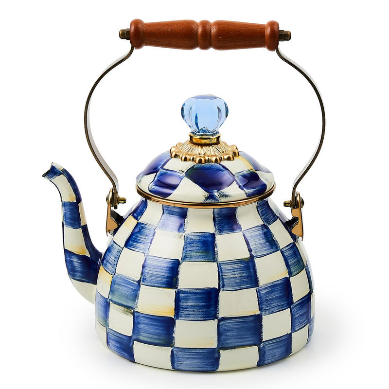 MacKenzie Childs | Royal Check Tea Kettle, 2 QT: Decorative kettle with blue-and-white checks, curved spout, wooden handle, glass knob, and bronzed stainless steel rim.