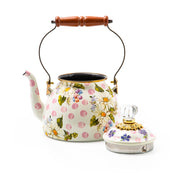 MacKenzie Childs Wildflowers Pink Tea Kettle, 2 QT., featuring a floral pattern, wood handle, and glass-topped lid, ideal for Athens Cooks' curated kitchen collection.
