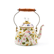 MacKenzie Childs | Wildflowers Pink Tea Kettle, 2 QT. with a floral enamel design, swan-neck spout, wooden handle, and crystal-style knob. Perfect for adding charm to any kitchen.