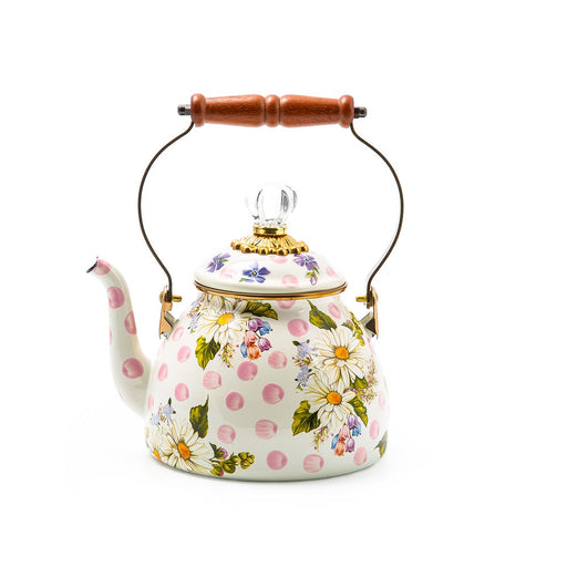 MacKenzie Childs | Wildflowers Pink Tea Kettle, 2 QT., features floral designs on white enamel with a wooden-handled metal grip and glass-topped lid.